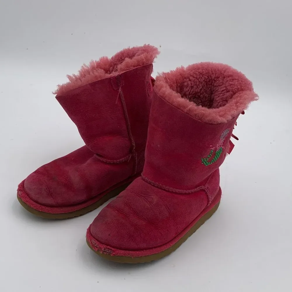 UGG bright pink double Bailey Bow girls size 2 with added gemstone mermaid